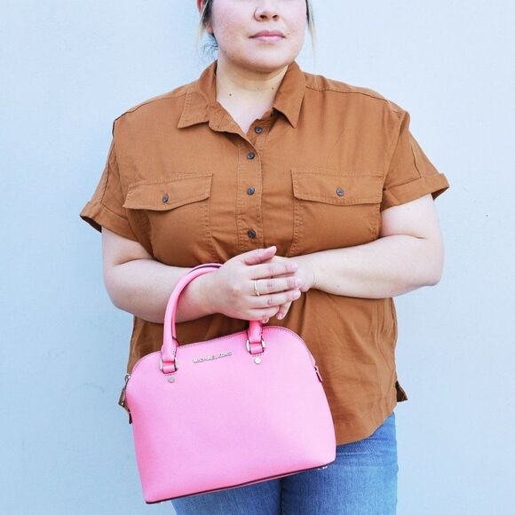 NWT Michael Kors Saffiano Leather Cindy Medium Satchel Bag Tote Coral $258 - Picture 9 of 10